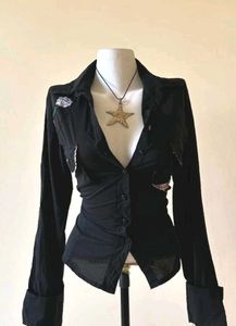 Stylish Black Button-Up Shirt with Embellishments