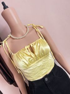 Yellow Tie-Front Ruched Crop Top