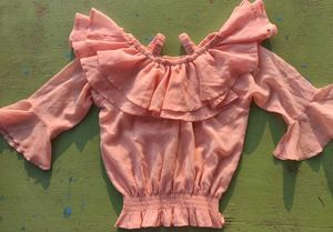 Kids Peach Off-Shoulder Dress with Bell Sleeves