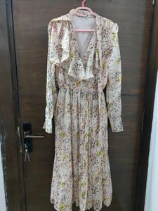Women's Floral Pleated Midi Dress | Bow Tie Neck