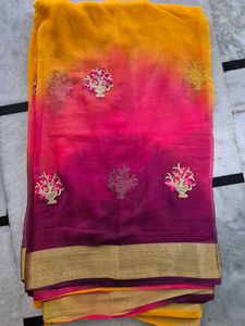 Vibrant Yellow &amp; Pink Embroidered Saree