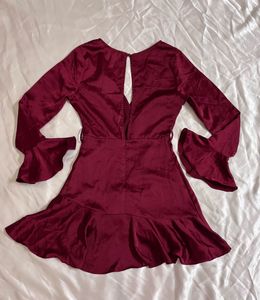 Shein Wine Satin Ruffle Wrap Party Dress