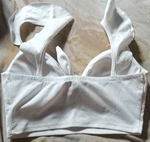 White Tie-Front Crop Top with Ruffle Sleeves