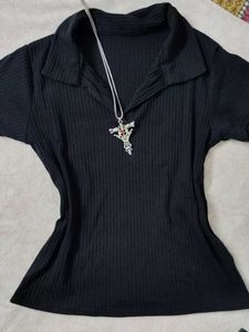 Ribbed navy blue polo