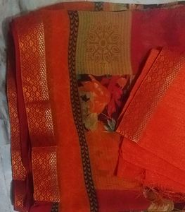 Patchwork Orange Saree With Blouse Piece