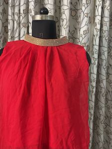 Red Embellished Neckline Sleeveless Blouse