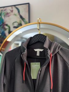 Grey Zip-Up Hoodie with Coral Drawstrings