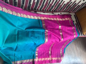 Elegant Teal &amp; Pink Saree with Gold Border