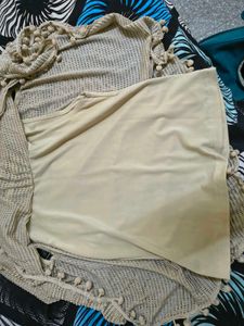 Beige Crochet Poncho Top with Pom Poms