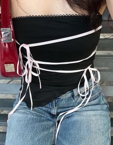 Black Strapless Top with Pink Ribbon Detail