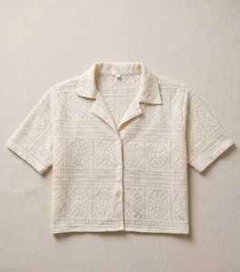 Cream Textured Short Sleeve Button-Up Top