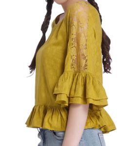 Only - Mustard Yellow Lace Detail Peplum Top