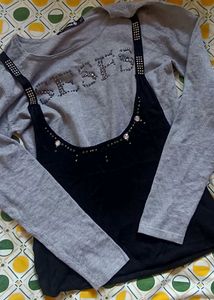 Grey Long Sleeve Top with Black Embellished Camiso