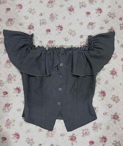 Grey Ruffled Off-Shoulder Top
