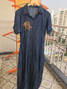 Blue Polka Dot Kurta with Floral Embellishment