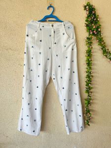 Chic Embroidered White Linen Pants
