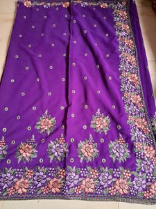 Heavy Embroidery Violet Georgette Saree