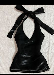 glossy y2k Black Halter Neck Top