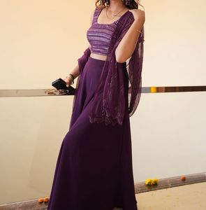 Purple stunning backless blouse with plain skirt