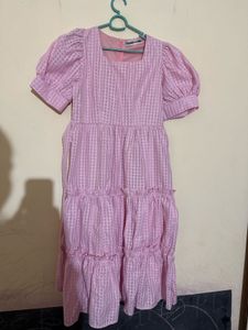 Pink Puff Sleeve Tiered Midi Dress