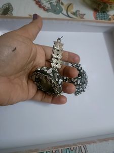 Very Smart Metal Jhumkas With Silver Stones