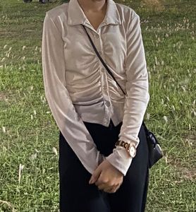 Ruched Button-Up Collared Top