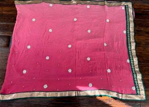 Pink Saree with Green &amp; Gold Border
