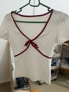 Cute White &amp; Red Bow Detail Top