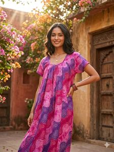 Vibrant Pink & Purple Bandhani Maxi Dress