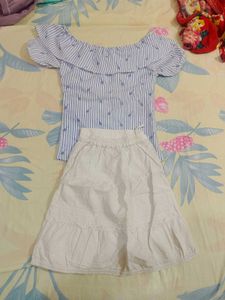 Cute Blue Striped Off-Shoulder Top &amp; White Skirt S