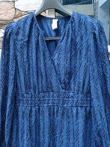 Blue Textured V-Neck Dress