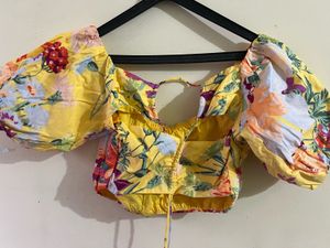Yellow Floral Puff Sleeve Crop Top