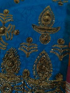 Peacock Blue Georgette Saree With Stitched Blouse
