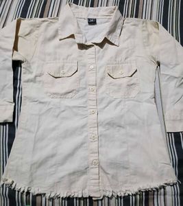 Cream Button-Up Shirt with Ruffle Hem