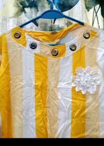 Chic Yellow &amp; White Striped Top with Flower Accent