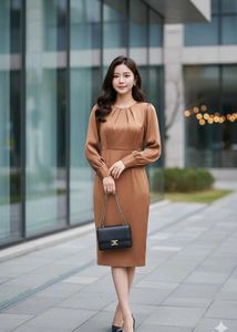 Korean Elegant Brown Midi Dress