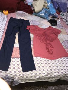 Navy Blue Pants and Coral Top Set