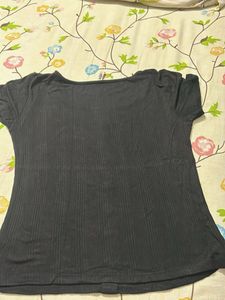 Black Ribbed Button-Up Top