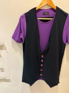 Goth Vest Over Purple Tee