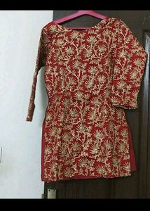 Red Embroidered Kurta With Black Skirt