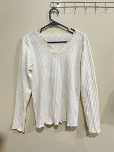 Cream Lace Trim Long Sleeve Top