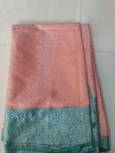 Elegant Peach Silk Saree with Green Border