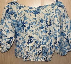 Blue Floral Puff Sleeve Cropped Top