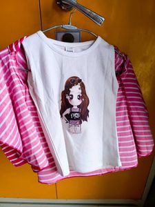Hand Print Girls White Printed Top with Pink Strip