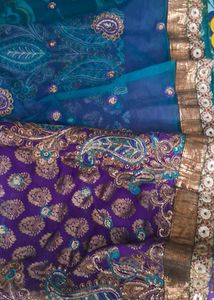 Purple+ Navy Blue  Brocade Sari With Blouse