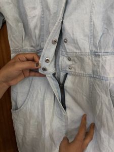 Trendy Light Wash Denim Button-Down Dress with Poc
