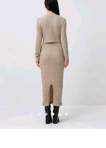 Title: Beige Ribbed Knit Co-Ord Set | Crop Top &amp; M