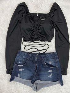 Chic Black Ruched Crop Top