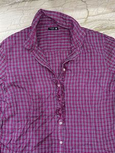 Women's Plaid Button-Up Ruffle Shirt