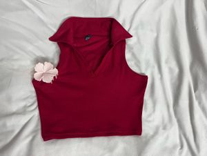 Burgundy Red Ribbed Polo Crop Top 🌸